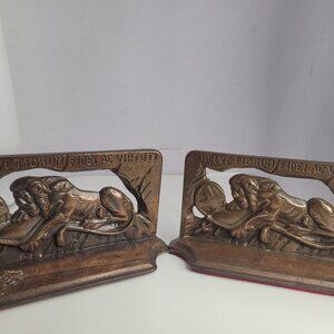 Vintage Lion of Lucerne Cast Iron Bookends Set Helvetiorum Fidei AC Virtuti